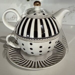 Grace Teaware Josephine Stripes & Dots Tea For One Set -Teapot,Tea Cup & Saucer